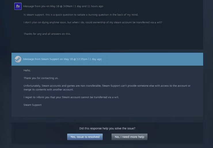 Steam afirma que si mueres, tu cuenta no la puede heredar nadie steam