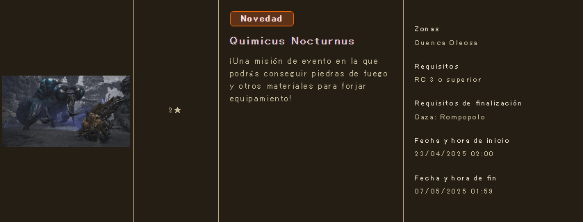 Monster Hunter Wilds Evento: Quimicus Nocturnus (Rompopolo) Monster Hunter Wilds Evento: Quimicus Nocturnus (Rompopolo)