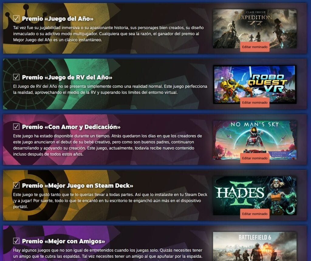 Steam abre sus nominaciones a los premios Steam 2025 Steam abre sus nominaciones a los premios Steam 2025